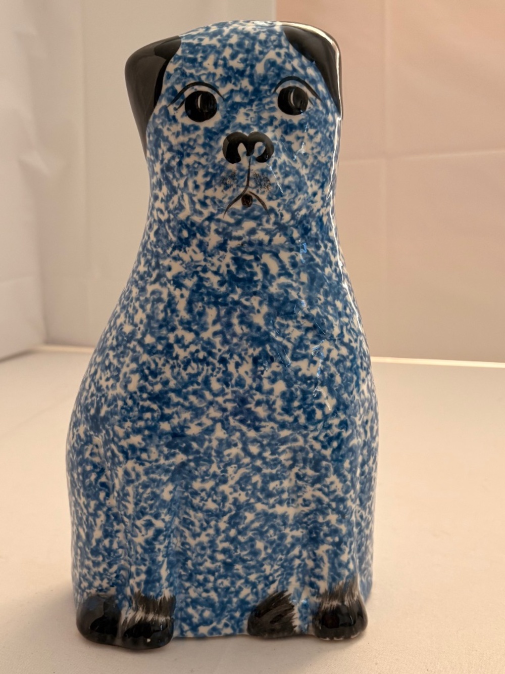 Vintage Blue & White Spongeware Pug Dog Ceramic Pottery Figurine Folk Art 10.5"